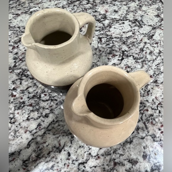 COPY - Two Antique Stoneware Cream/Brown Crock Rustic Farmhouse Milk Pitcher 6” - Picture 2 of 11